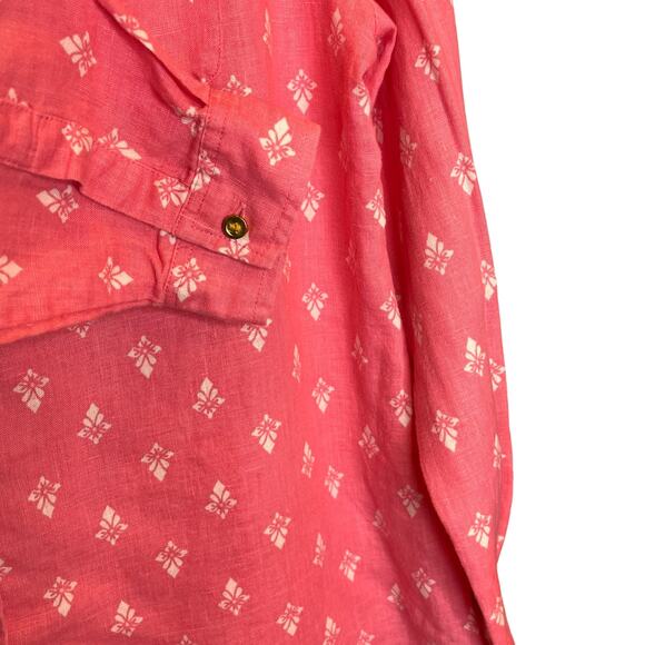 Linen Club Luxury Button Front Pink Floral Long Sleeve Top Petite M - Picture 6 of 8